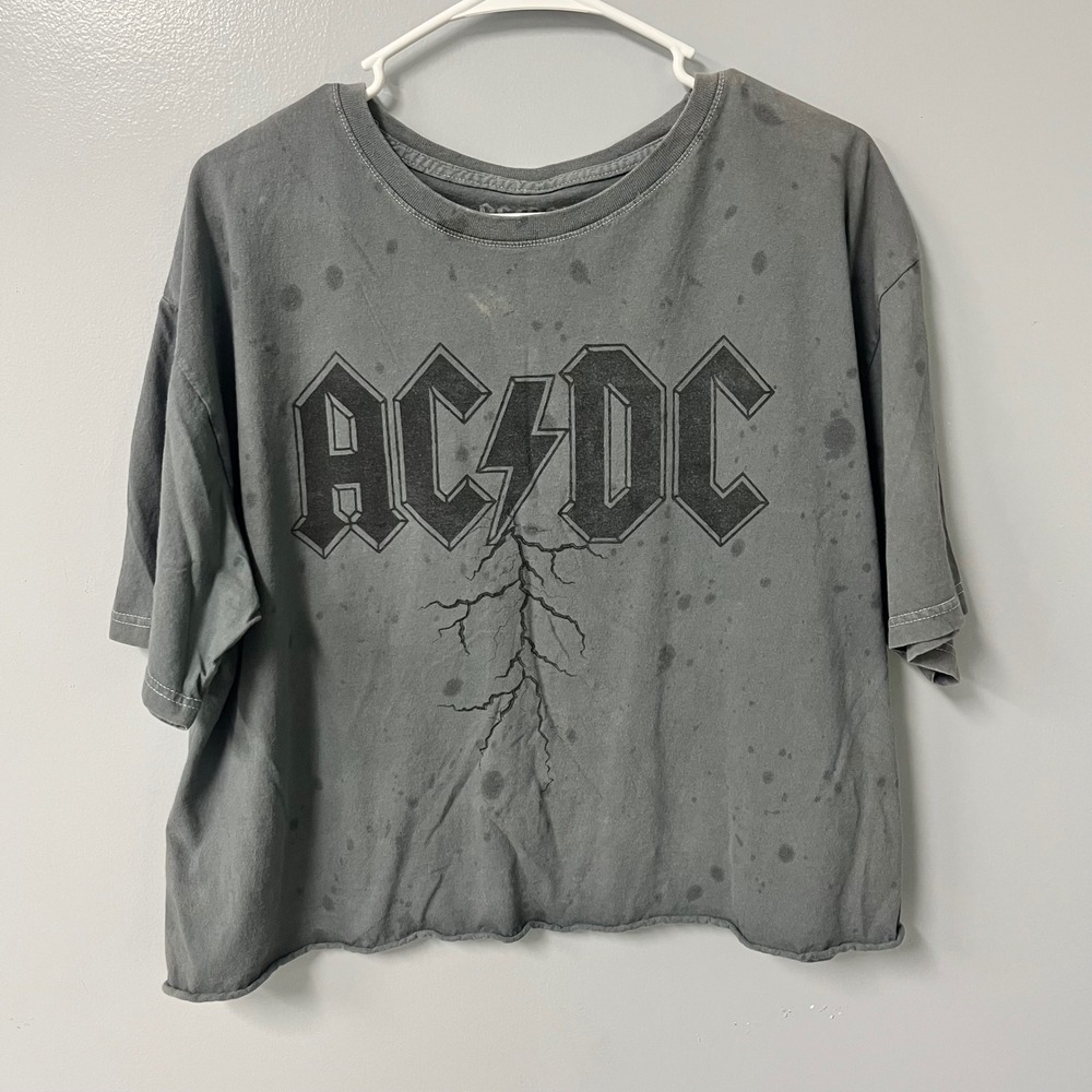 AC/DC Graphic T-Shirt Womens Large Gray Cropped Raw Hem‎ Boxy Cotton Rock Band
